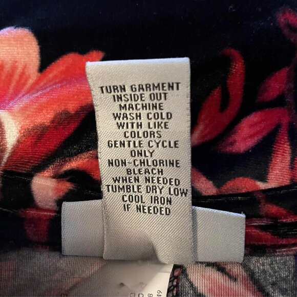 CATHERINES PETITE 1XWP VELVET FLORAL TUNIC TOP BLACK RED STRETCH 3/4 SLEEVE - Picture 9 of 10